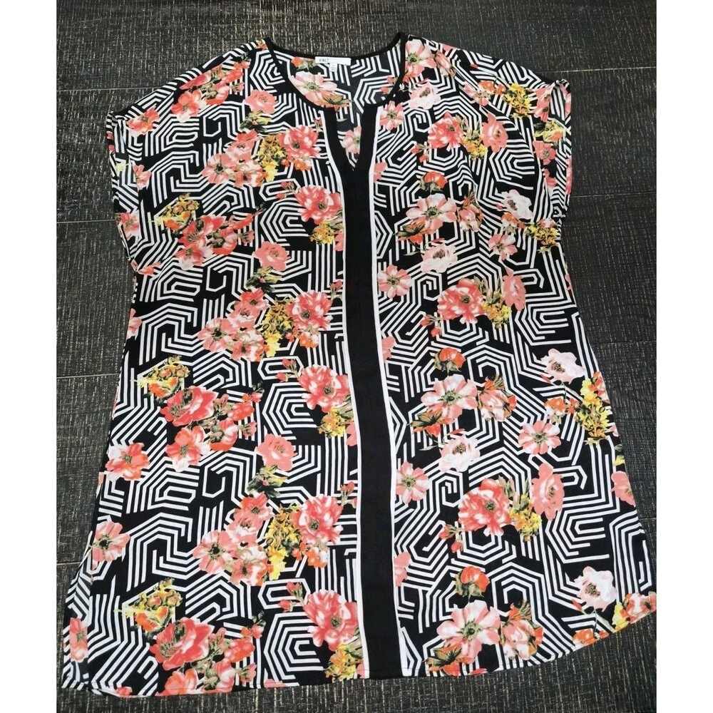 Size XL DR2 Brand Black And White Geometric And Pink Floral Sheer Tunic Blouse